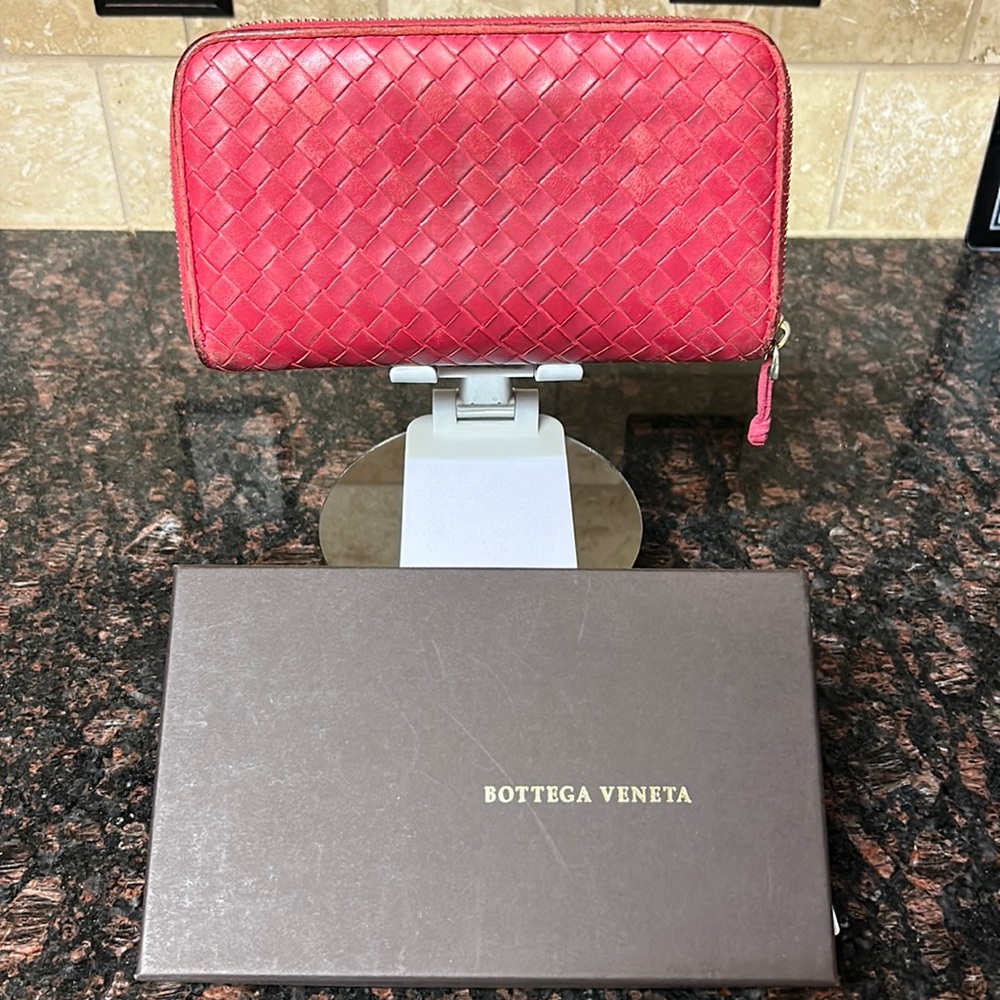 Bottega Veneta Intrecciato Zip Around Wallet Pink Red with Box